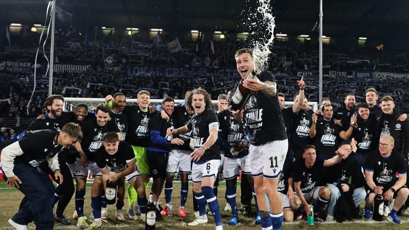 Party time for Arminia Bielefeld players after knocking out the cup holders