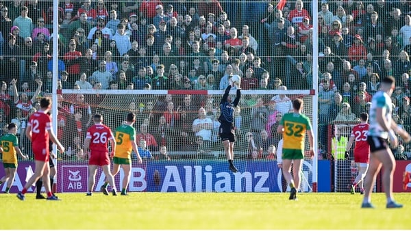Donegal goalkeeper Shaun Patton makes a save during the Ulster SFC clash with Derry in 2024