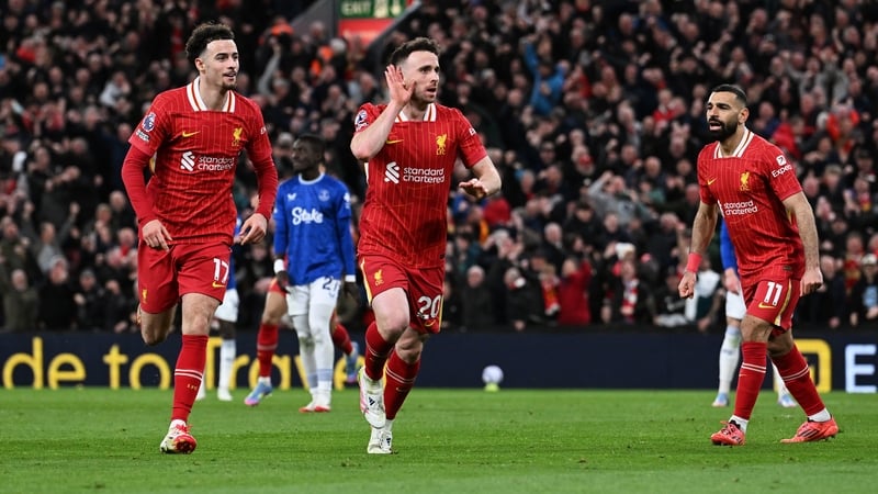 Diogo Jota celebrates his goal against Everton at Anfield