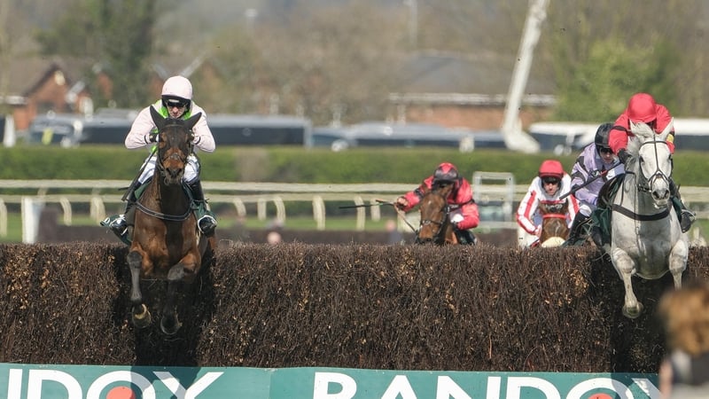 Patrick Mullins steered Gaelic Warrior (L) ahead of Grey Dawning after the last fence