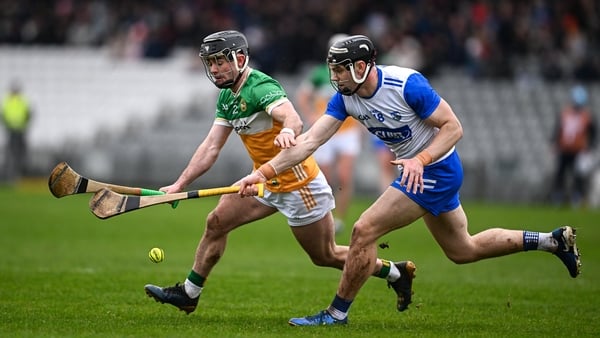 Offaly's David Nally (L) and Waterford's Gavin Fives in action in their recent league meeting at Walsh Park