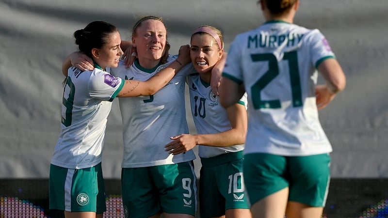 Amber Barrett celebrates her injury-time goal for Ireland in Crete