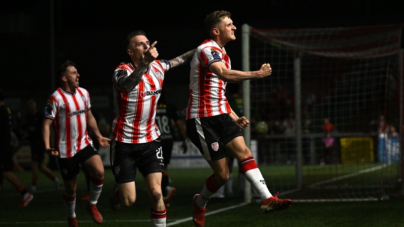 Ronan Boyce, right, celebrates his equaliser with Carl Winchester