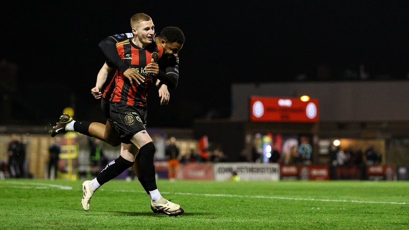 Ross Tierney celebrates with Lys Mousset after scoring his second to put Bohs 3-2 ahead