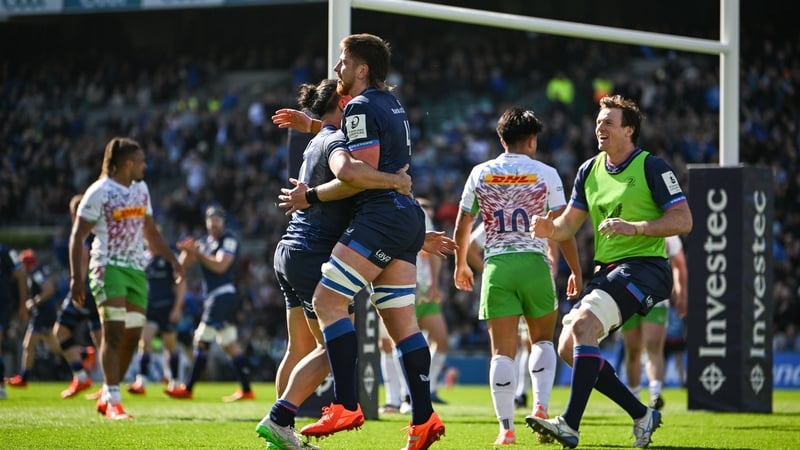 Joe McCarthy celebrates one of Leinster's 10 tries