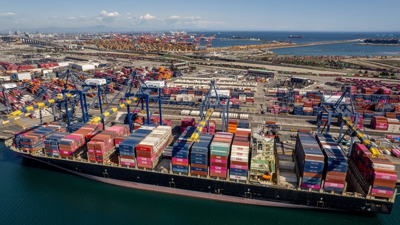 A container ship pictured at the Port of Los Angeles in California yesterday