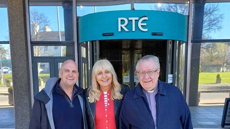 Alex Fegan (left) with Miriam O'Callaghan and Fr Pat Collins