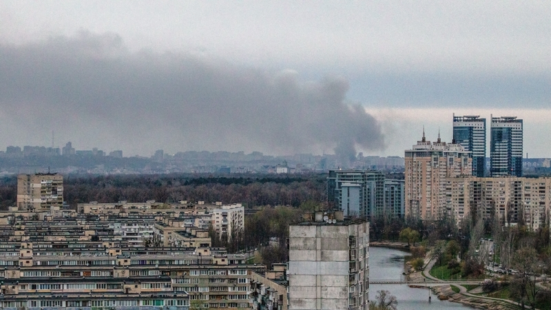 A pillar of smoke rises in the Obolonskyi district after a Russian ballistic missile strike on Kyiv, Ukraine