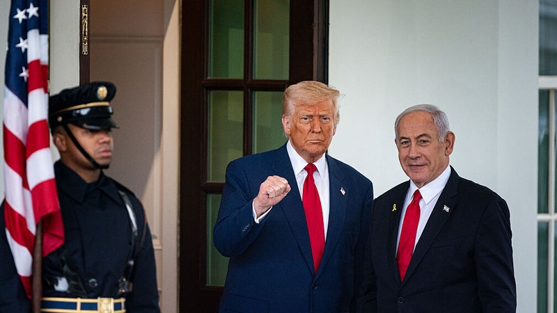 Donald Trump and Benjamin Netanyahu during an arrival ceremony outside the West Wing of the White House