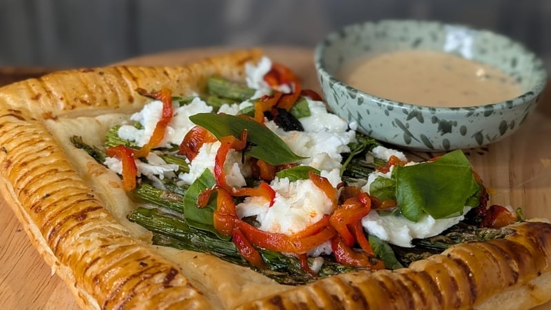 Asparagus & burrata tart with hot honey ranch dip: Today
