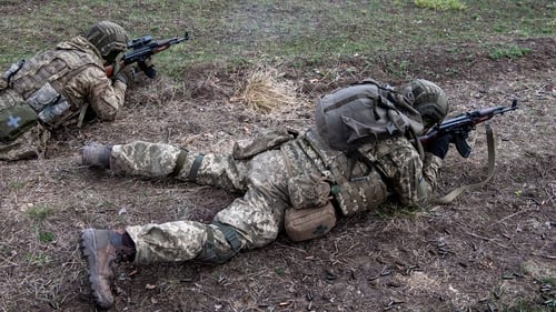 Ukrainian soldiers pictured taking part in a training exercise near the Donbas region in eastern Ukraine
