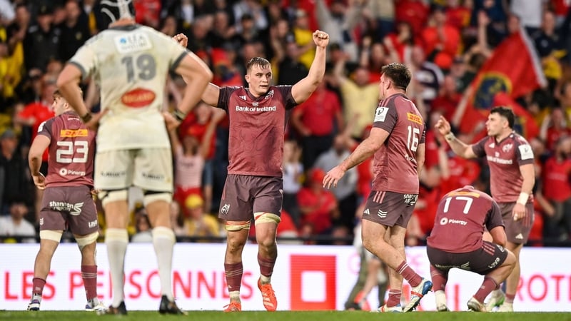 Gavin Coombes celebrates at the final whistle after Munster's win against La Rochelle