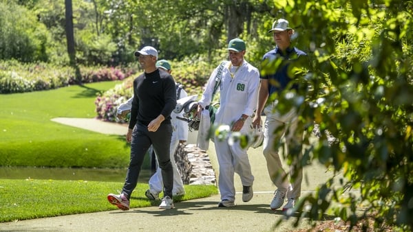 Rory McIlroy playing a practice round with US amateur Noah Kent at Augusta National