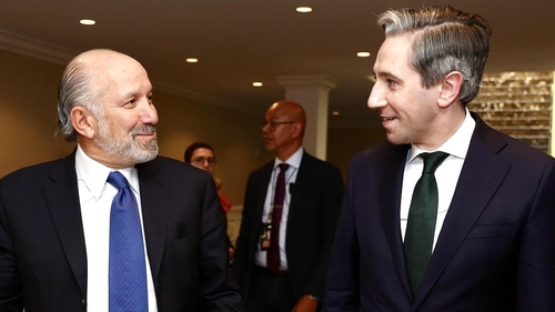 Tánaiste Simon Harris (R) met Howard Lutnick in Washington in April