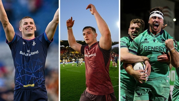 (L-R) Leinster's Sam Prendergast, Munster's Gavin Coombes, and Connacht's Cathal Forde and Shayne Bolton