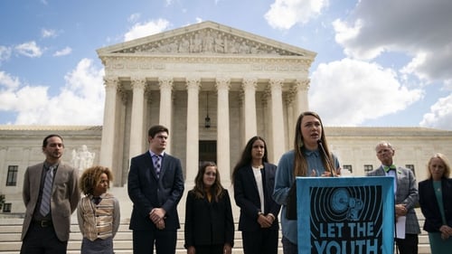Kelsey Juliana, a lead plaintiff in the Juliana v. United States climate case, speaks outside the Supreme Court in Washington DC. Photo: Getty Images