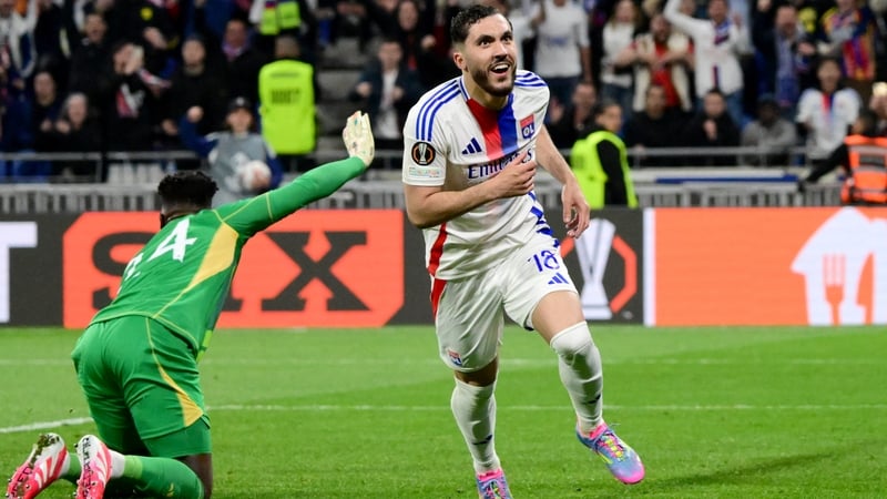 Lyon's Rayan Cherki wheels away after securing a dramatic equaliser against Manchester United