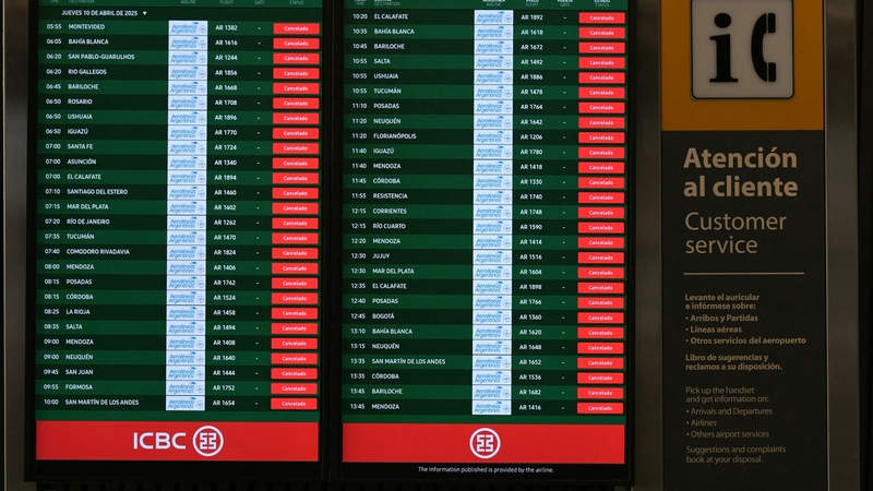 A board displaying cancelled flights at the Jorge Newbery airport in Buenos Aires