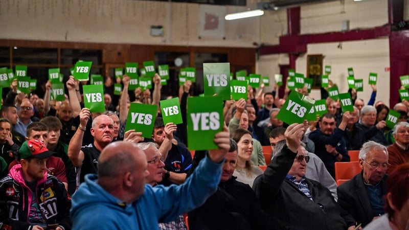 Attendees vote in favour of a resolution during an IABA Extraordinary General Meeting at the National Stadium in Dublin