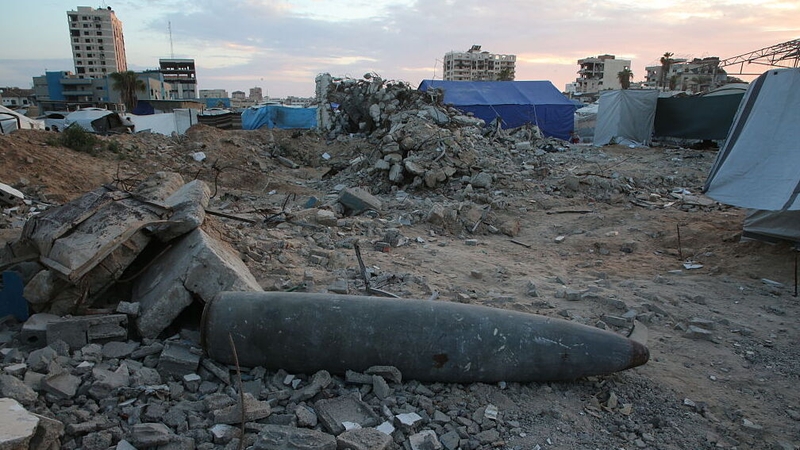 Unexploded bombs used by Israel in its attacks months ago pose a major threat to Palestinians, seen in the tent camp area east of the Shuja'iyya neighborhood in Gaza City