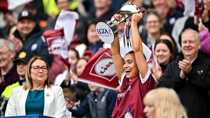 Kate Geraghty of Galway lifts the Division 2 trophy