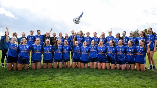 Cavan celebrate their win as the cup goes airborne