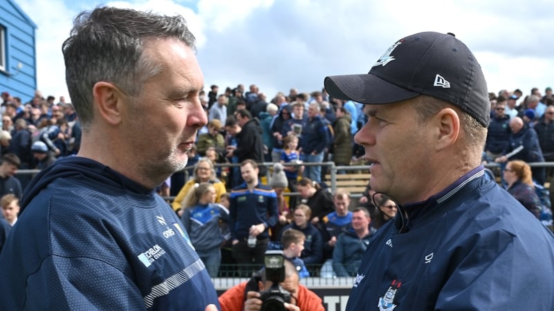 Oisin McConville (L) and Dessie Farrell exchange pleasantries after the full-time whistle