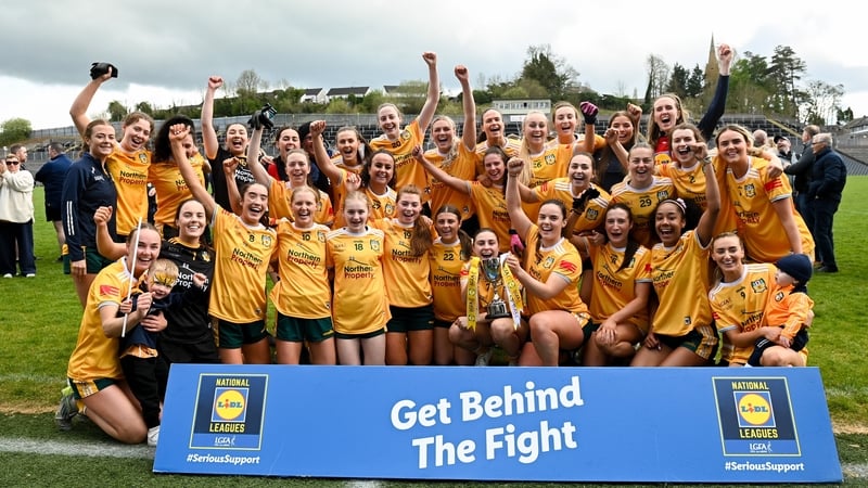 Antrim celebrate their success at St Tiernach's Park in Clones