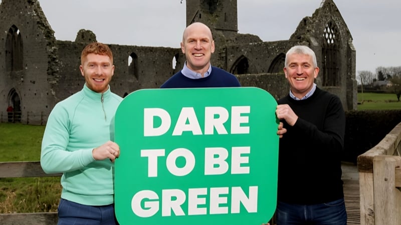 TLC co-founder and former Ireland rugby captain Paul O'Connell (C) with Limerick hurling captain Cian Lynch (L) and manager John Kiely (R)
