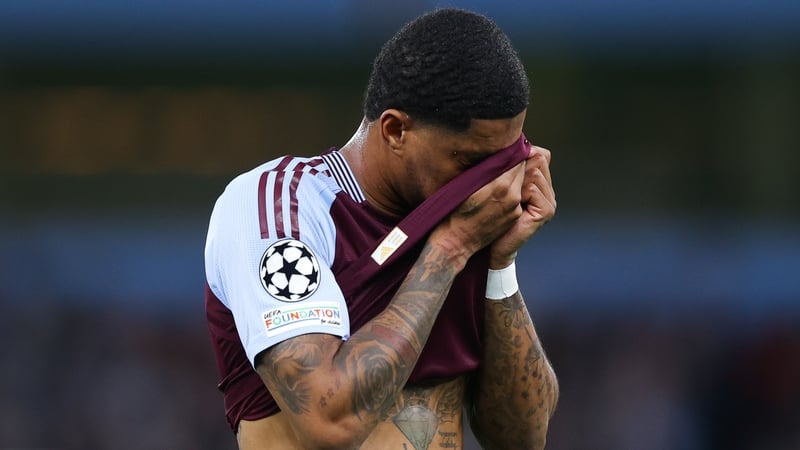 Aston Villa's Marcus Rashford reacts during the 3-2 win over PSG, with the Parisians progressing 5-4 on aggregate