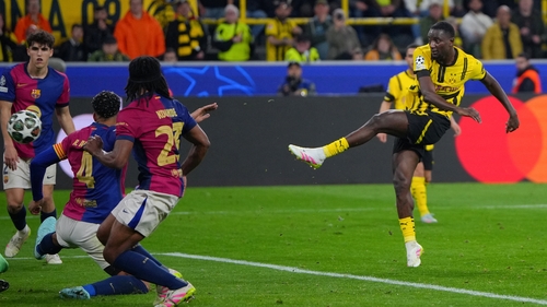 Borussia Dortmund's Serhou Guirassy completes his hat-trick in the win over Barcelona