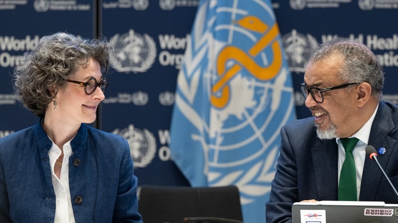 (L-R)Co-chair of the negotiations Anne-Claire Amprou and WHO Director-General Tedros Adhanom Ghebreyesus