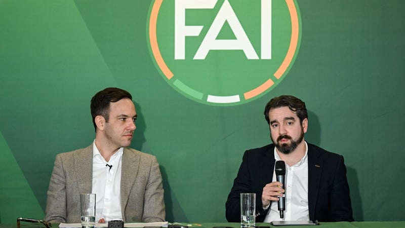 FAI grassroots director Ger McDermott, right, and chief football officer Marc Canham at the February 2024 launch of the Football Pathways Plan