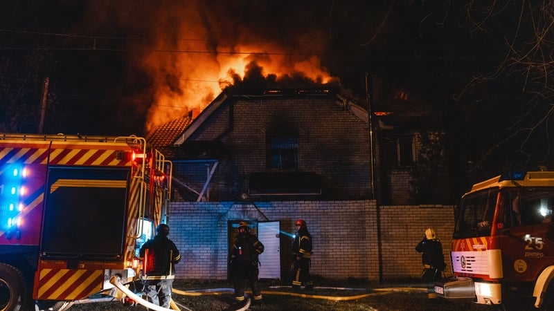A fire breaks out at a building after the Russian drone attack in Dnipro