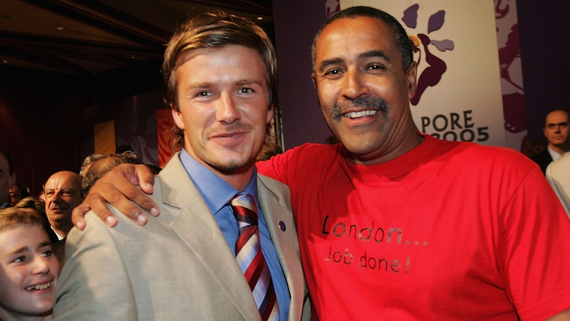 David Beckham and Daley Thompson, pictured in Singapore in July 2005 as they celebrated the news that London would be hosting the 2012 Olympics