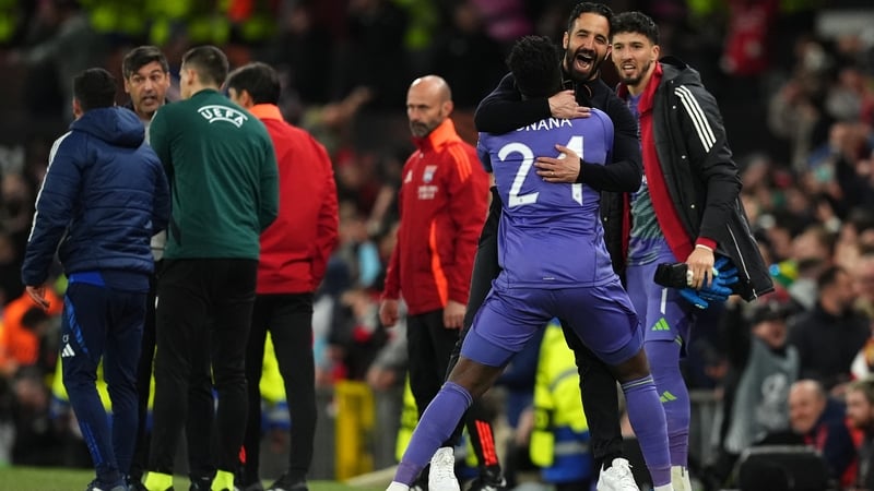 Manchester United goalkeeper Andre Onana and Manchester United manager Ruben Amorim celebrate after United's stunning comeback