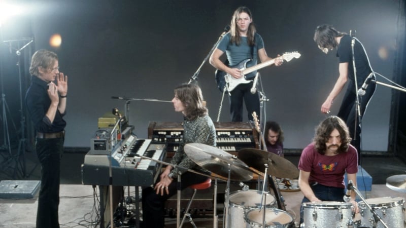 (L-R) Film director Adrian Maben and Pink Floyd during the filming of Live at Pompeii at Studio Europa Sonor in Paris, December 1971