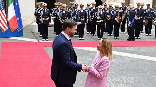 US Vice President JD Vance was greeted by Italian Prime Minister Giorgia Meloni at the Chigi Palace