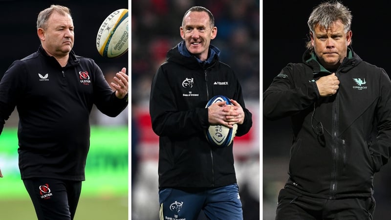 (L-R) Ulster coach Richie Murphy, Munster's Ian Costello, and Connacht interim coach Cullie Tucker