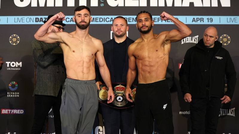 Ryan Kelly and Caoimhin Agyarko pose following the weigh-in ahead of Saturday's fight