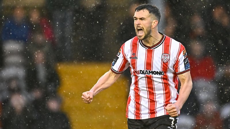 Michael Duffy celebrates as Derry City win in Galway