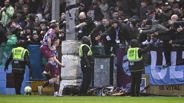 Warren Davis Owen Lambe celebrate with the Drogheda fans