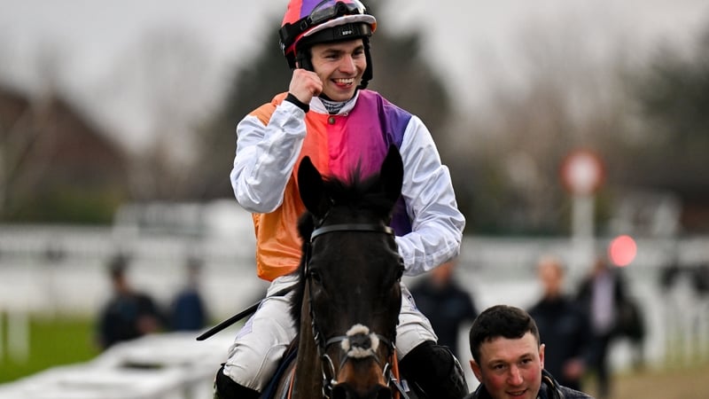 Ben Jones, aboard Haiti Couleurs, celebrates after winning the National Hunt Novices' Chase at Cheltenham