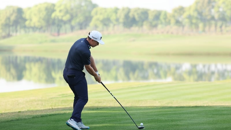 Conor Purcell tees off on the 13th hole on day two