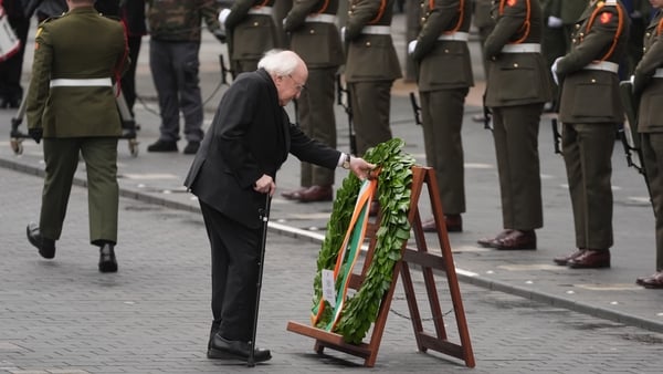 President Michael D Higgins laid a wreath outside the GPO to commemorate those who died before a minute's silence was observed
