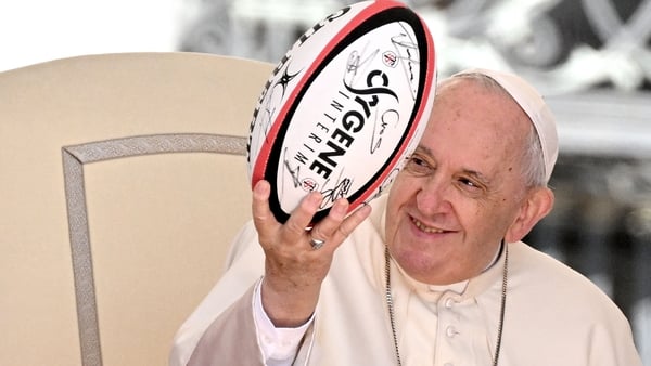 The late Pope Francis was presented with a rugby ball by French bishop Emmanuel Gobillard in April 2022