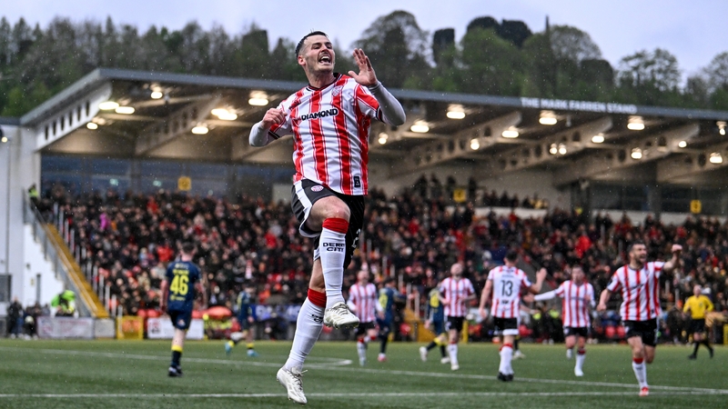 Derry City's Danny Mullen celebrates opening the scoring at the Brandywell