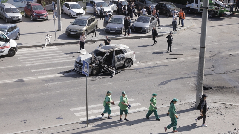 A view of the aftermath of a Russian missile attack in Kharkiv, Ukraine, on 22 April