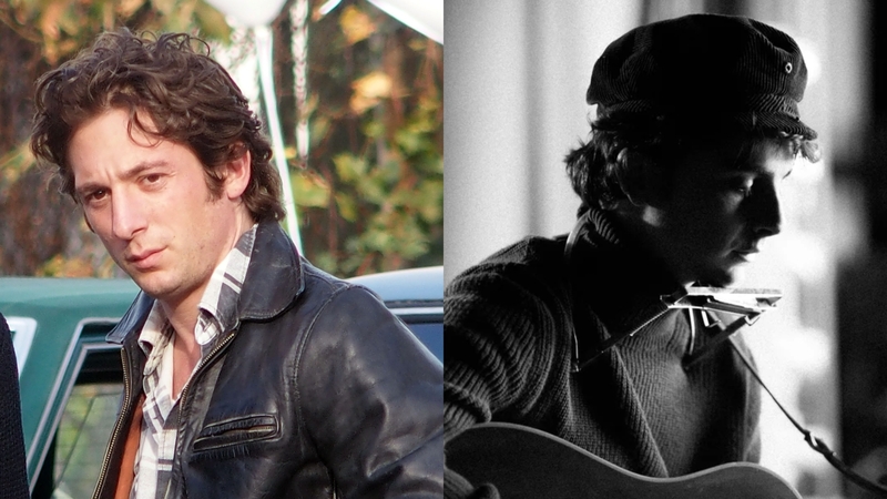 (Left) Jeremy Allen White as Bruce Springsteen, (right) Timothée Chalamet as Bob Dylan.
