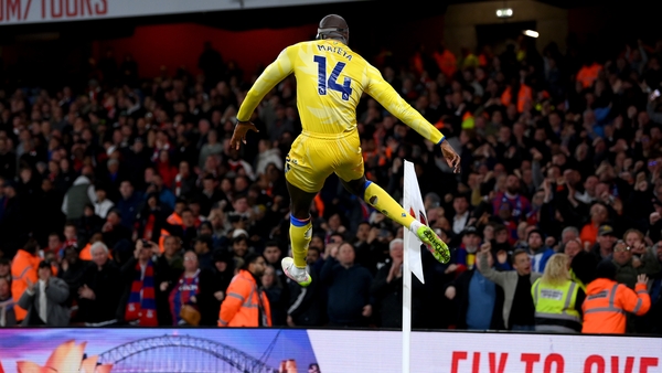 Jean-Philippe Mateta celebrates after scoring an audacious lob against Arsenal
